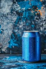 Obraz premium Blue Aluminum Can with Condensation on a Textured Abstract Background, Refreshing Drink Concept