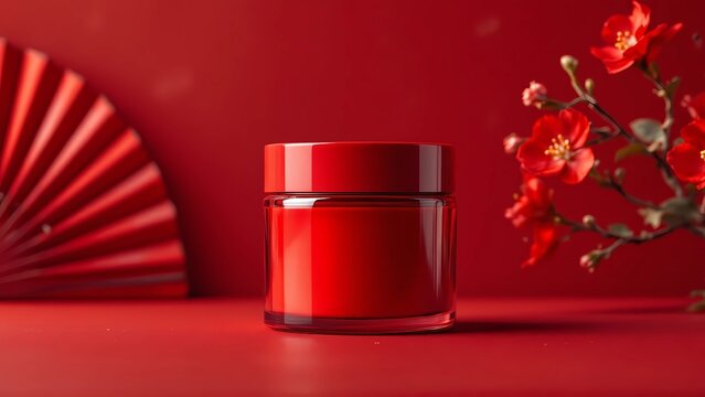 Mockup of red moisturizer jar on red background with red fan and flowers, chinese new year concept, product design brand display template