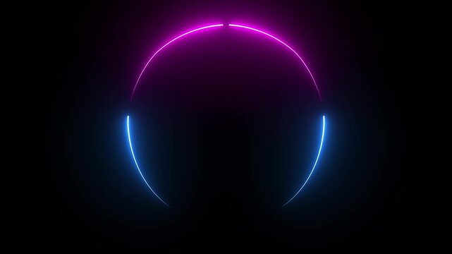 3D render  Neon glowing blue and purple laser beam semicircle with floor reflection on black blackground 