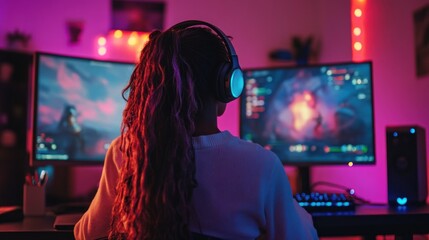 Woman Playing Video Games with Headphones and a Colorful Backdrop