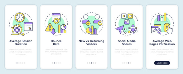 Audience engagement metrics onboarding mobile app screen. Walkthrough 5 steps editable graphic instructions with linear concepts. UI, UX, GUI template. Montserrat SemiBold, Regular fonts used