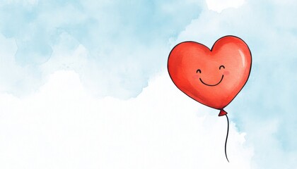 A charming illustration of a smiling heart balloon floating against a soft blue sky, evoking feelings of joy and love.