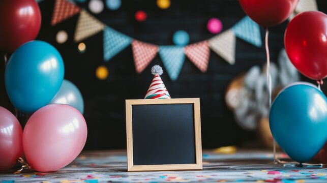 Creepy birthday celebration background featuring dark and eerie balloons, party caps, and an empty photo frame for spooky-themed events and unsettling holiday visuals