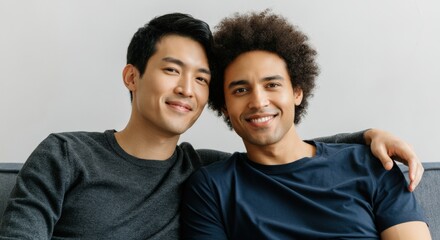 Obraz premium Friendship and diversity with asian and african american young adults relaxing together