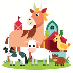 Obraz premium Cute cartoon vector illustration shows a farm animal set with a cow and calf, part of a fun domestic farm animals collection including a pig, sheep, dog, horse, goat, bull, and chicken, isolated in na