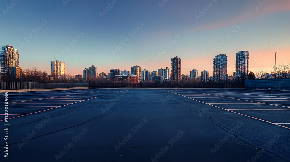 Canvas Prints Empty parking lot with panoramic view of a city skyline, a few distant skyscrapers reflecting early morning light.