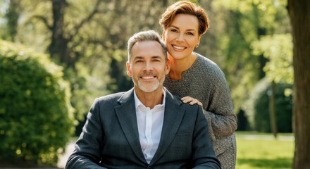 Fototapeta premium Joyful mature caucasian couple in park, springtime portrait for lifestyle design