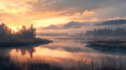Fototapeta premium Serene Sunrise over Misty Mountain Lake. AI Generated