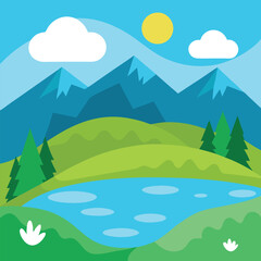 Obraz premium Summer nature scene illustration with green grass, blue sky, and mountains