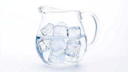 A clear glass pitcher filled with ice cubes, perfect for refreshing beverages on a warm day, showcasing elegance and simplicity.