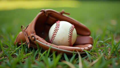 Baseball Glove and Ball on Grassy Field