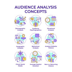 Audience analysis multi color concept icons. Studying customers behavior. Digital marketing strategy. E business. Icon pack. Vector images. Round shape illustrations for presentation. Abstract idea