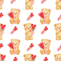 Naklejka premium Cute Bear and Roses Pattern Design 