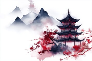 Obraz premium A minimalist depiction of a traditional Chinese pagoda with misty mountains in the background.