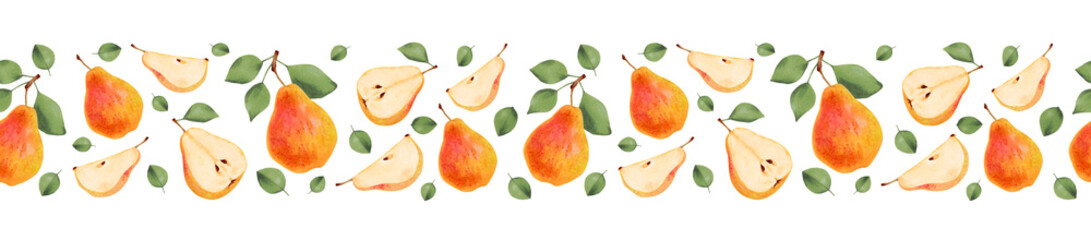 Half, whole, yellow pear slices with leaves. Fruit seamless border. Marker and watercolor illustration. Hand drawn isolated art. Horizontal banner or frame for farmer market design, packaging
