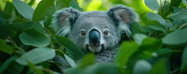 Fototapeta premium Koala peering through green eucalyptus leaves in natural habitat, close-up portrait showing curious expression and distinctive features against vibrant foliage. 8k banner