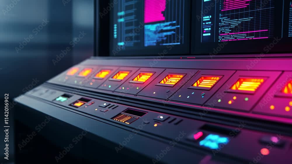 Poster high-tech control panel with neon lights and digital display in modern setting