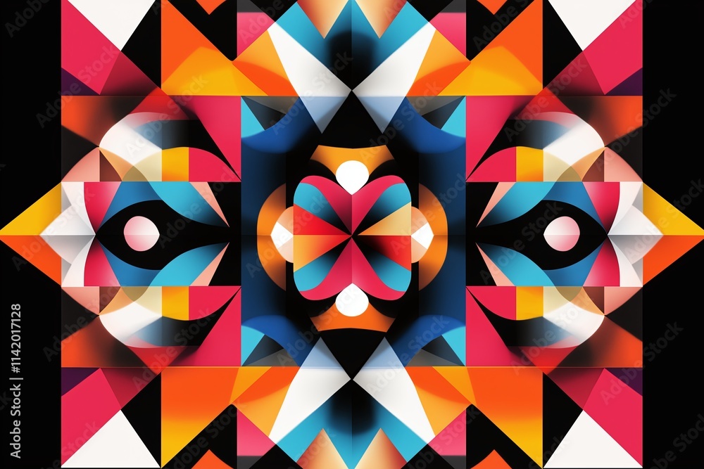 Poster a kaleidoscopic design of symmetrical geometric shapes in bold primary colors