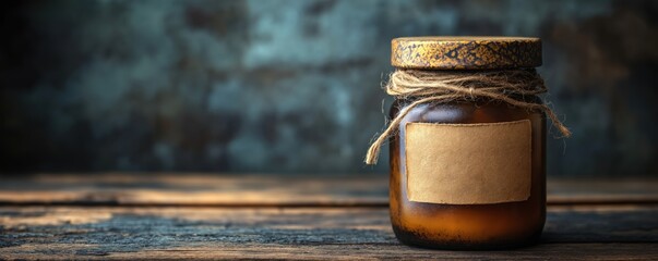 Rustic glass jar with blank kraft label on wooden surface. Artisanal product packaging mockup with vintage aesthetic. Handmade goods and small business branding. 8k banner with copy space