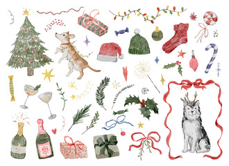 Charming Collection of Festive Watercolor Illustrations for the Holiday Season with Funny Dogs and Christmas Trees in the PNG format.