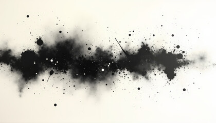 Abstract black and white paint splatters in artistic chaos style with scattered droplets