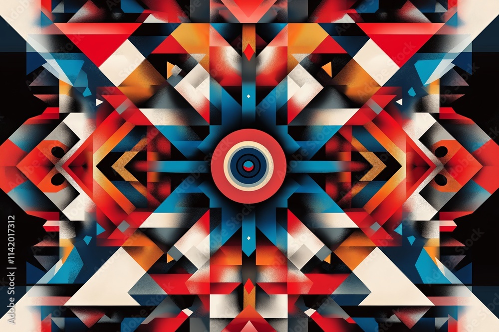 Aufkleber a kaleidoscopic design of symmetrical geometric shapes in bold primary colors. --ar 3:2 --profile v7