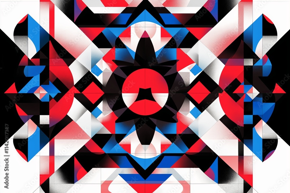 Poster a kaleidoscopic design of symmetrical geometric shapes in bold primary colors