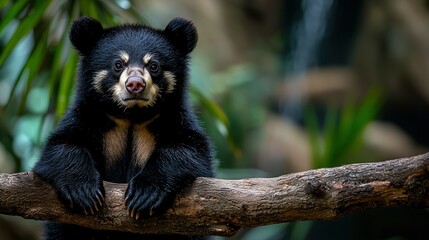 Obraz premium A black bear perched on a tree limb in front of a lush green foliage, gazing directly at the camera