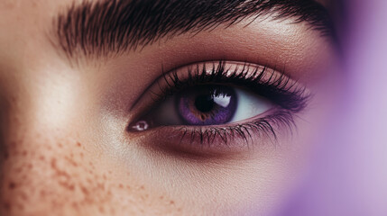 Obraz premium Close-up view of a beautifully detailed human eye with a captivating purple hue and natural eyelashes