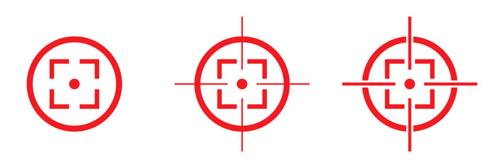 Obraz premium Target destination icon set. Aim sniper shoot group. Focus cursor bull eye mark collection. Vector isolated on white. stock vector. illustration. Red gun target point icon vector set. 