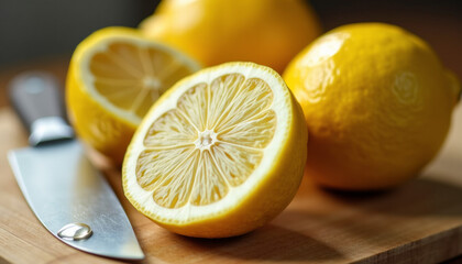 Freshly Sliced Lemons on Wooden Board
