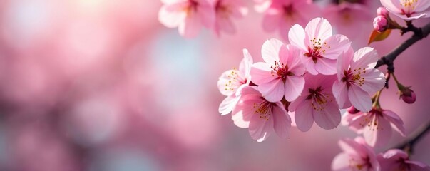 Fototapeta premium Soft pink petals unfurl on branches, delicate blooms sway in gentle spring breeze, pink cherry blossoms, flower arrangements