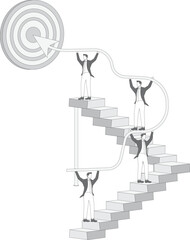 A group of businessmen each holding an arrow to the upward arrow steps, the road and process of business and career development