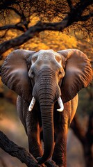   An elephant stands on a branch in front of a yellow-leafed tree, with its tusks visible
