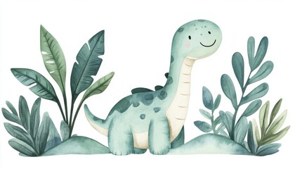 A cute, whimsical dinosaur surrounded by lush green plants, perfect for children's decor or educational material.