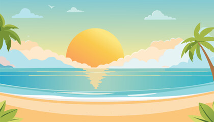 Obraz premium A vibrant pixel art illustration depicting a beautiful beach scene, featuring tall palm trees swaying gently and the sun sparkling on the waters surface