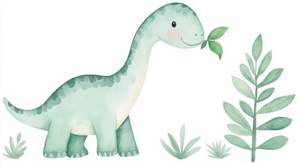 A cute watercolor dinosaur munching on leaves, surrounded by greenery. Perfect for children's illustrations and educational materials. © CHONCHANOK PHOTO