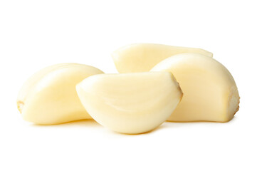 Side view of peeled garlic cloves in stack isolated on white background with clipping path