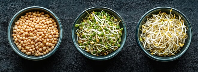 A top view of three bowls with mung beans, sprouting grains, and bean sprouts on a black background. Minimalist