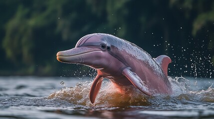 Fototapeta premium Pink River Dolphin Leaps From Water