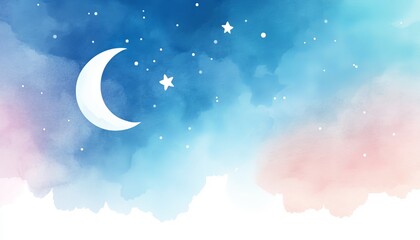 A dreamy watercolor night sky featuring a crescent moon and twinkling stars set against a gradient of soft pastel colors.