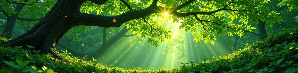Obraz premium Natural tree branches weave above forest floor, leafy, nature, branches