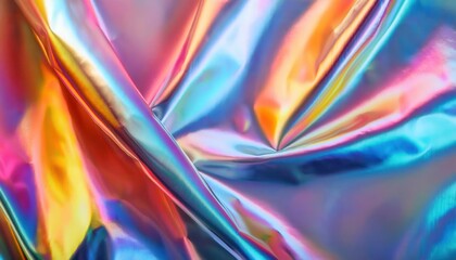 Naklejka premium Vibrant Iridescent Rainbow Holographic Texture with Folded Fabric Effect. Colorful Abstract Background for Trendy Design, Digital Art, Fashion Inspiration, Website Banners, and Creative Projects