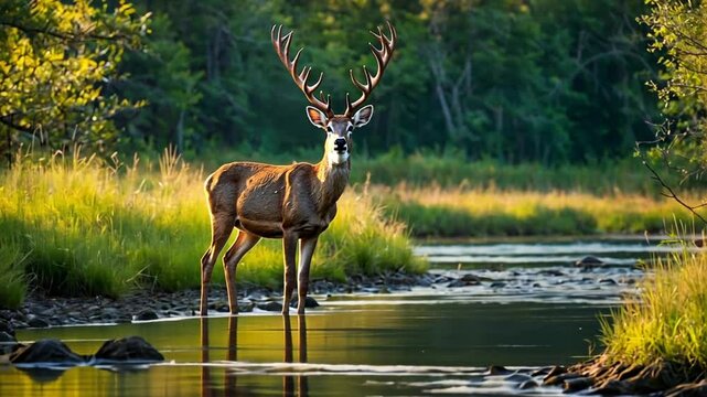 a deer in the forest by the river