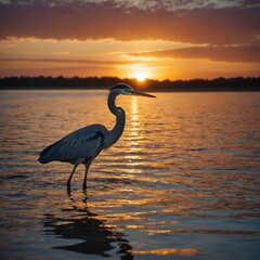 A heron standing in shallow water silhouetted by a vibrant sunset.