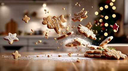 Festive Gingerbread Cookies in Motion, Kitchen Background, Holiday Baking Scene AI Generated