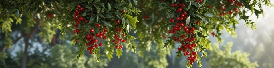 Hanging mistletoe with bright red berries amidst other outdoor foliage, woody plants, nature study