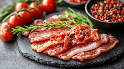 Freshly Sliced Bacon with Cherry Tomatoes and Peppercorns on Slate Board Surrounded by Fresh Herbs and Spices for Culinary Inspiration