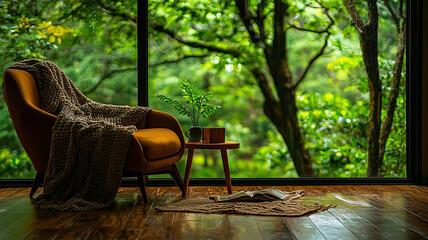 cozy reading nook with view of lush greenery