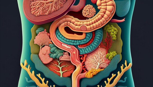 Intricate Human Digestive System: A Vibrant, Layered Artistic Anatomy